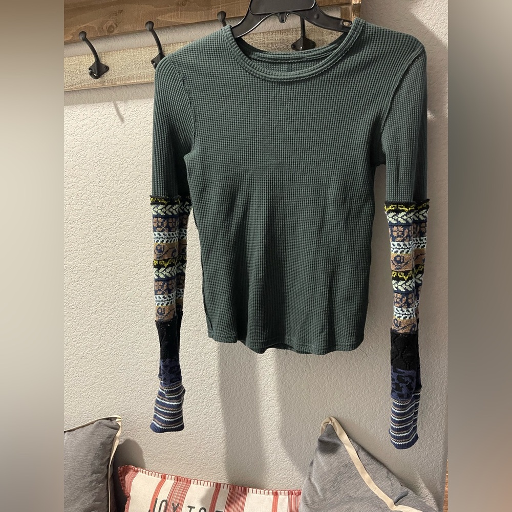 Free People Dark Green Top with Multicolor Sleeves
